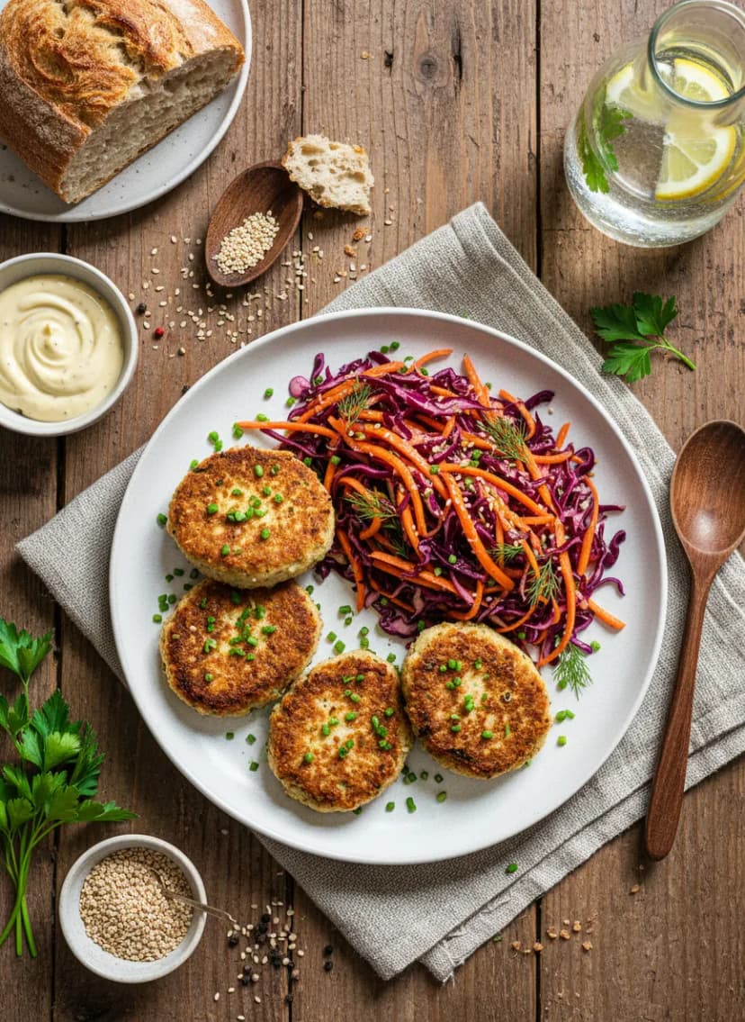 Savory Tofu Patties with Rotkohl-Carrot Slaw