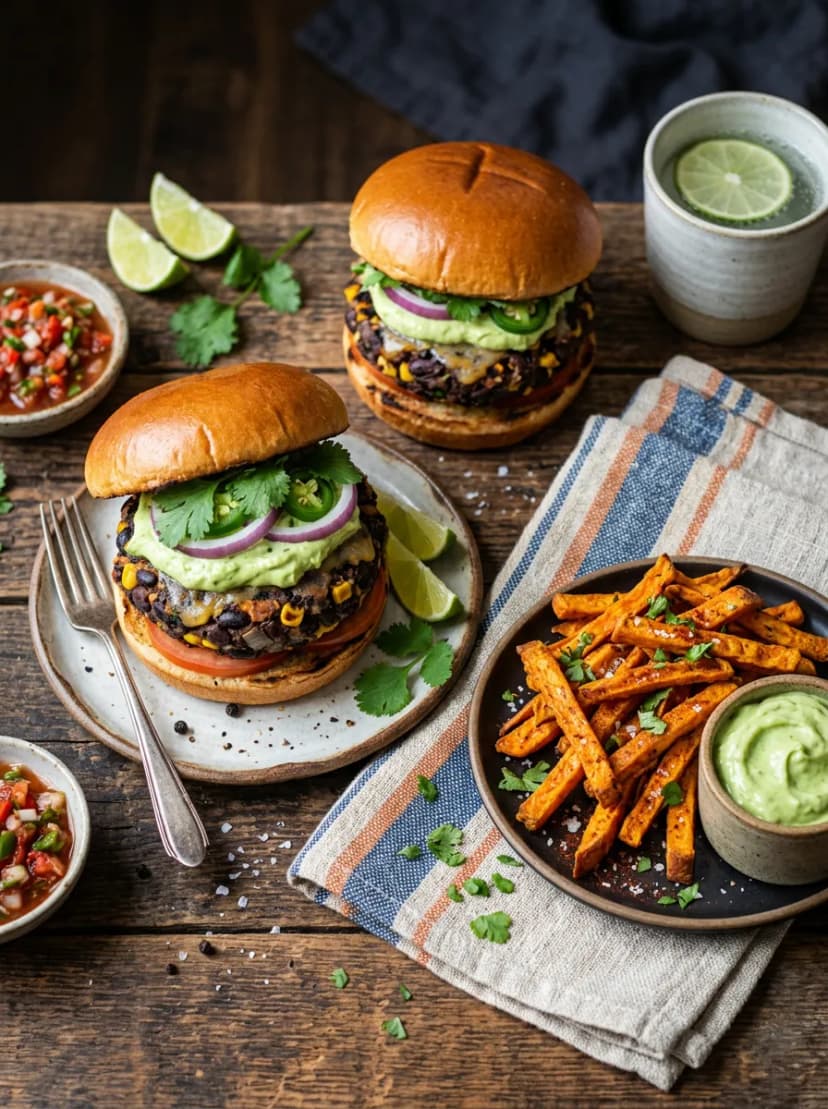 Spicy Black Bean Burgers with Avocado Cream and Sweet Potato Fries