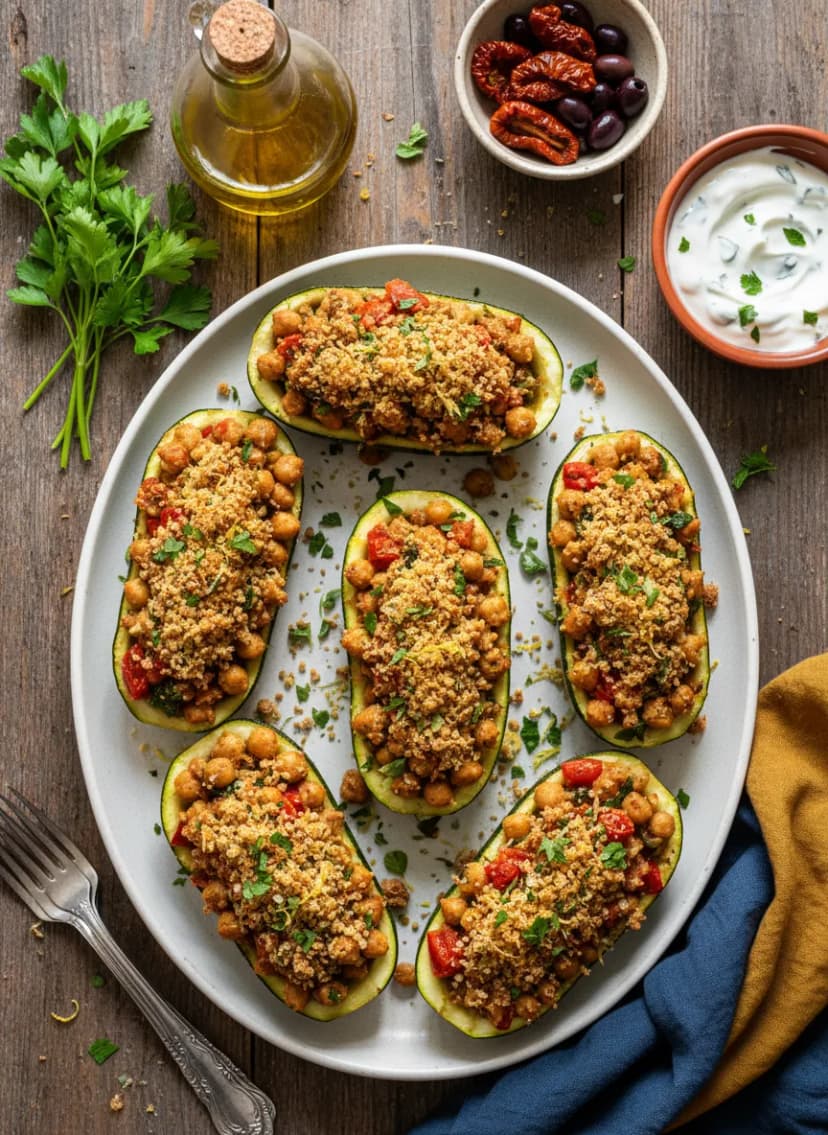 Mediterranean Chickpea-Stuffed Zucchini Boats