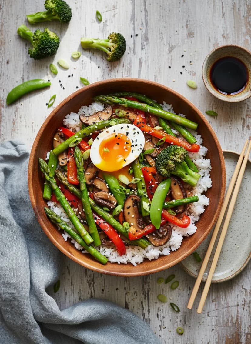 Japanese Vegetable Donburi with Soft Egg