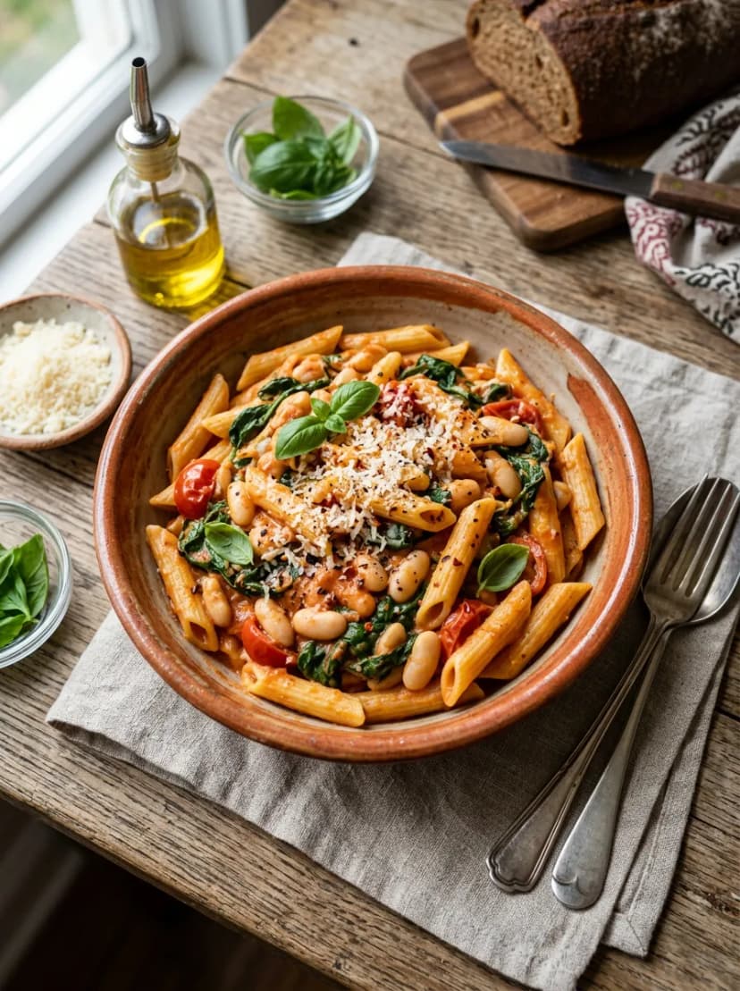 Creamy Tomato Pasta with Spinach and White Beans