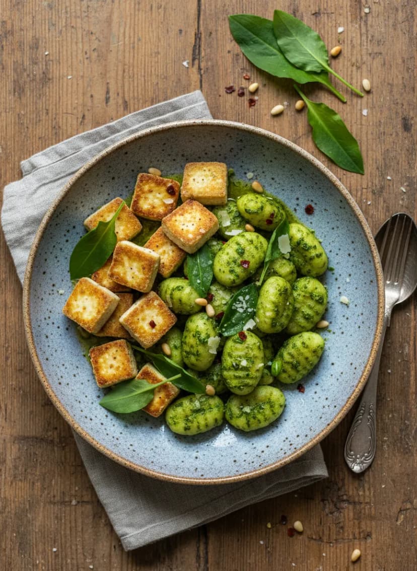 Crispy Tofu with Bärlauch Pesto Gnocchi