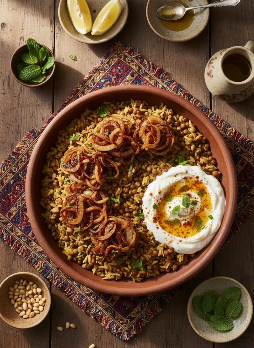 Lebanese Mujadara with Spiced Yogurt
