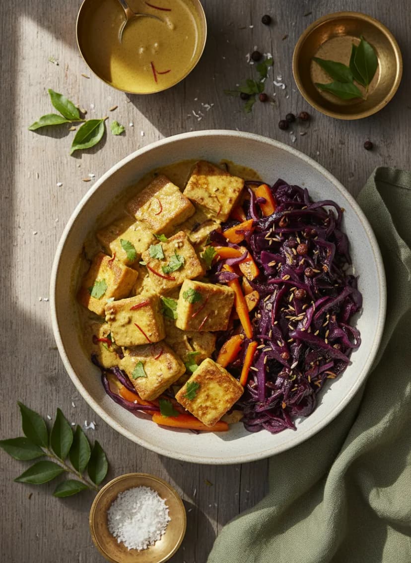 Golden Coconut-Curry Tofu with Glazed Rotkohl