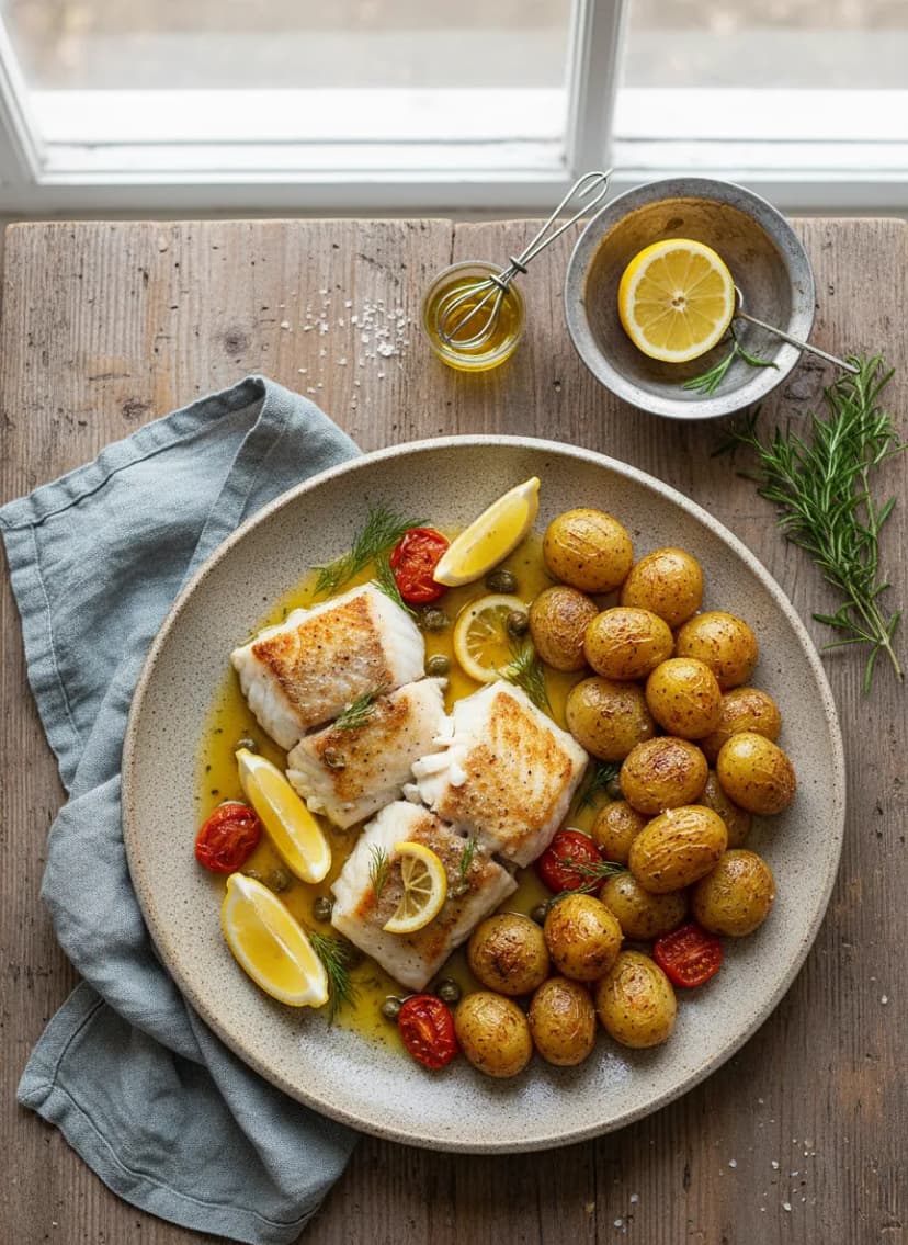 Pan-Seared White Fish with Lemon Butter and Roasted Baby Potatoes
