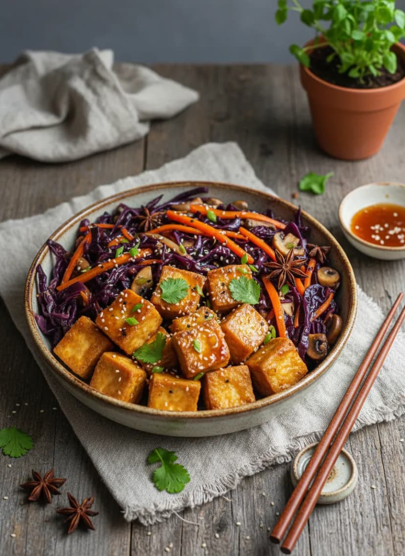 Sweet and Sour Tofu with Glazed Rotkohl