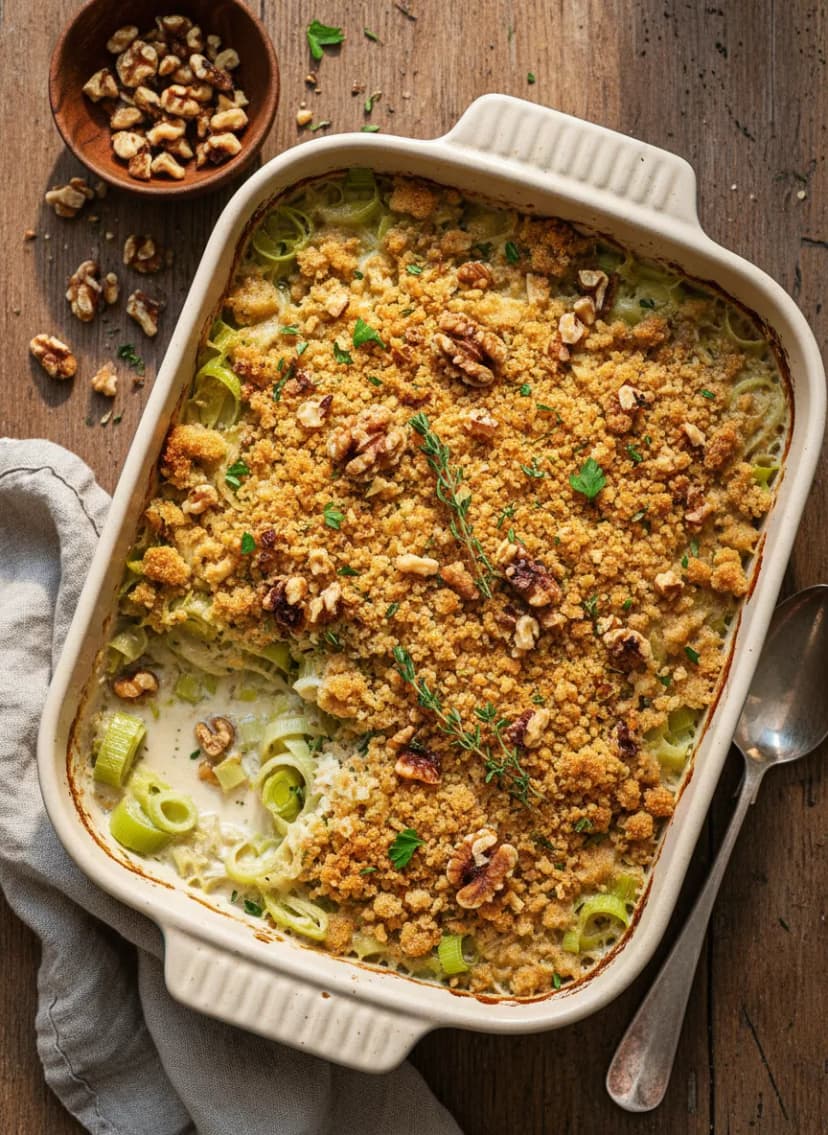 Creamy Leek Gratin with Walnut Breadcrumbs