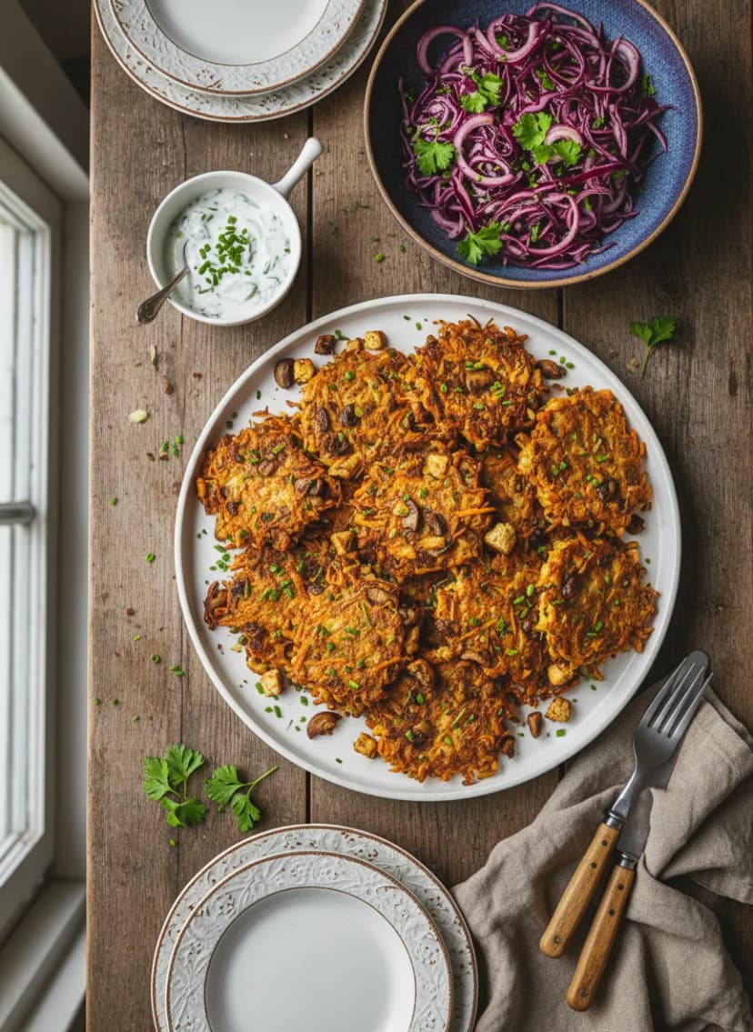 Crispy Tofu and Vegetable Fritters with Rotkohl Slaw