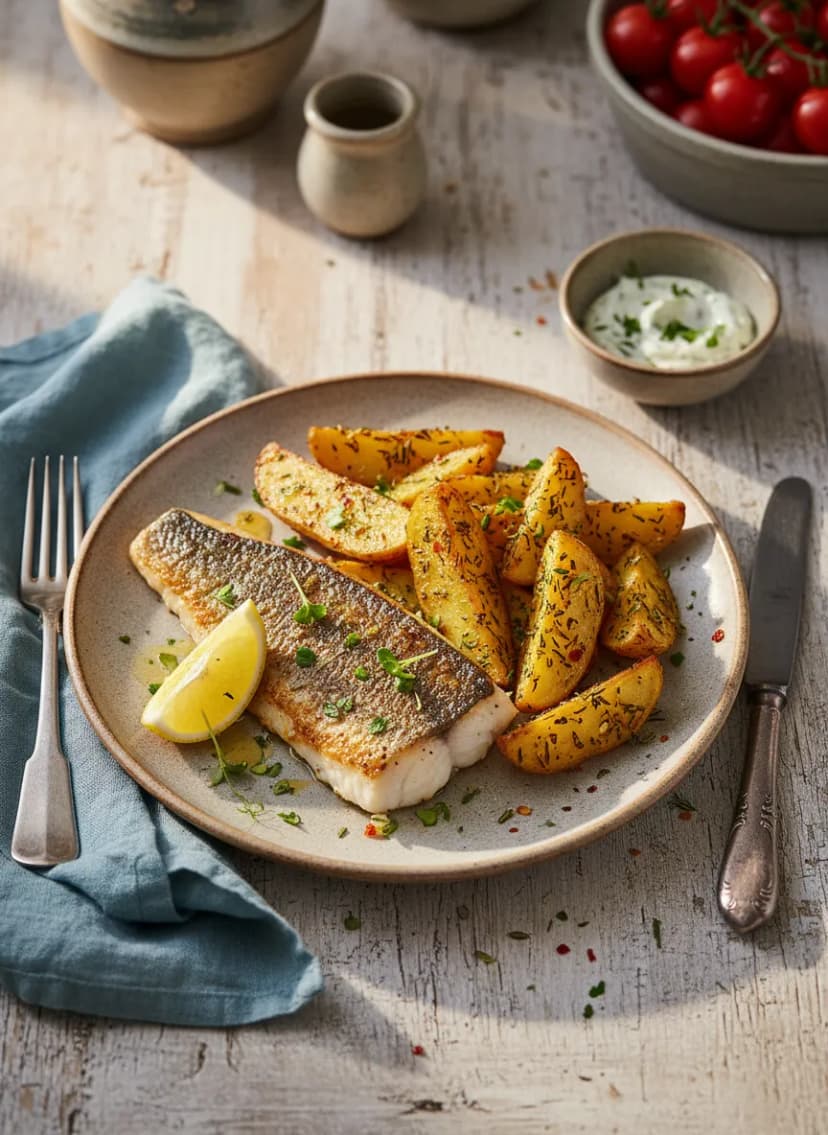 Pan-Seared Sea Bass with Roasted Potato Wedges