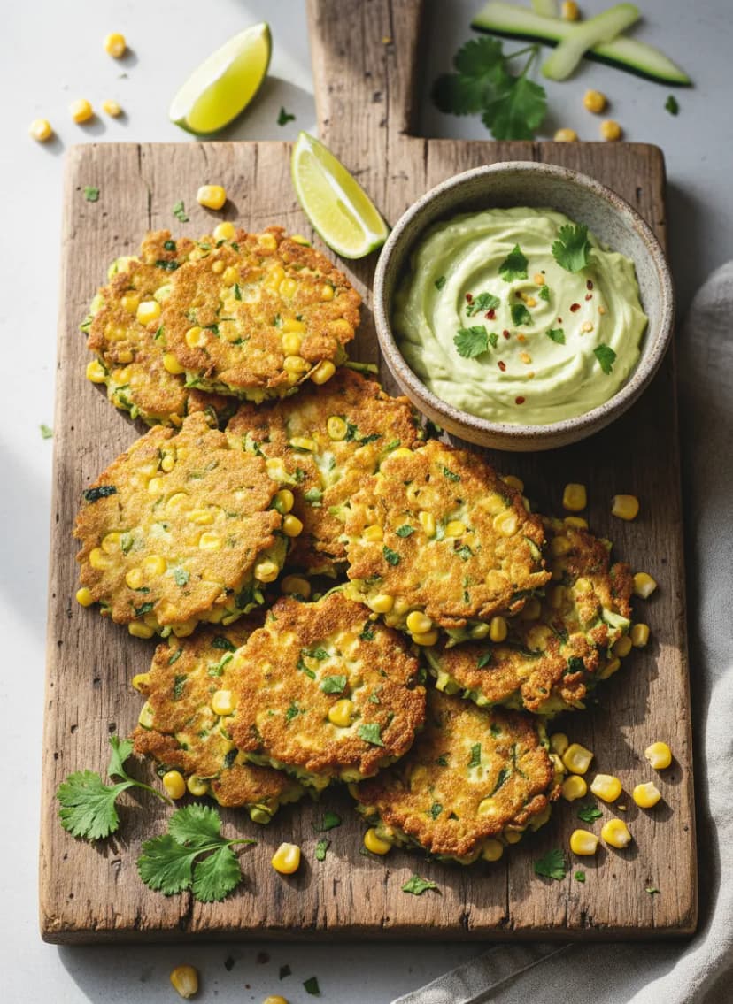 Zucchini and Corn Fritters with Avocado Cream