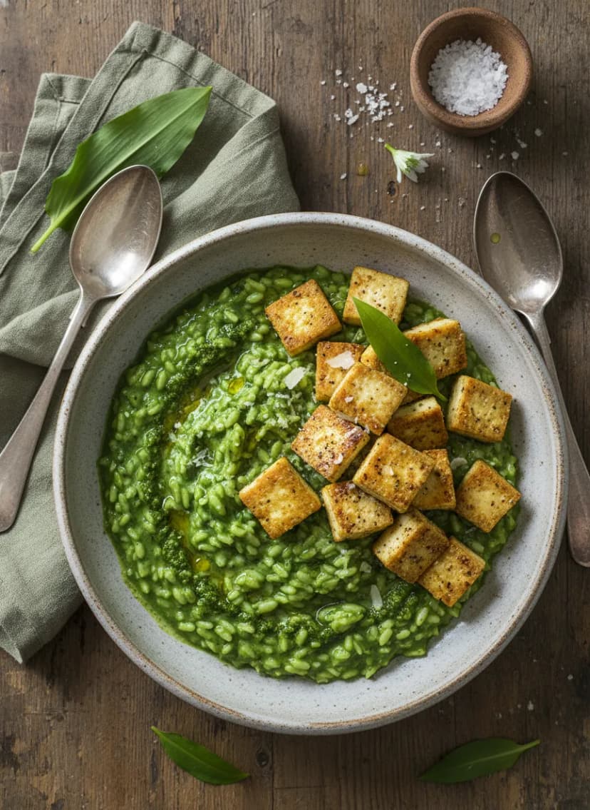 Wild Garlic Risotto with Crispy Tofu