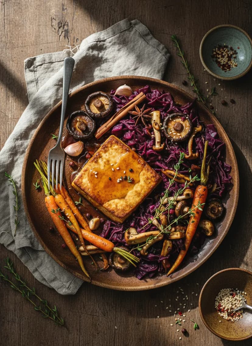 Braised Tofu with Rotkohl and Mushroom Medley