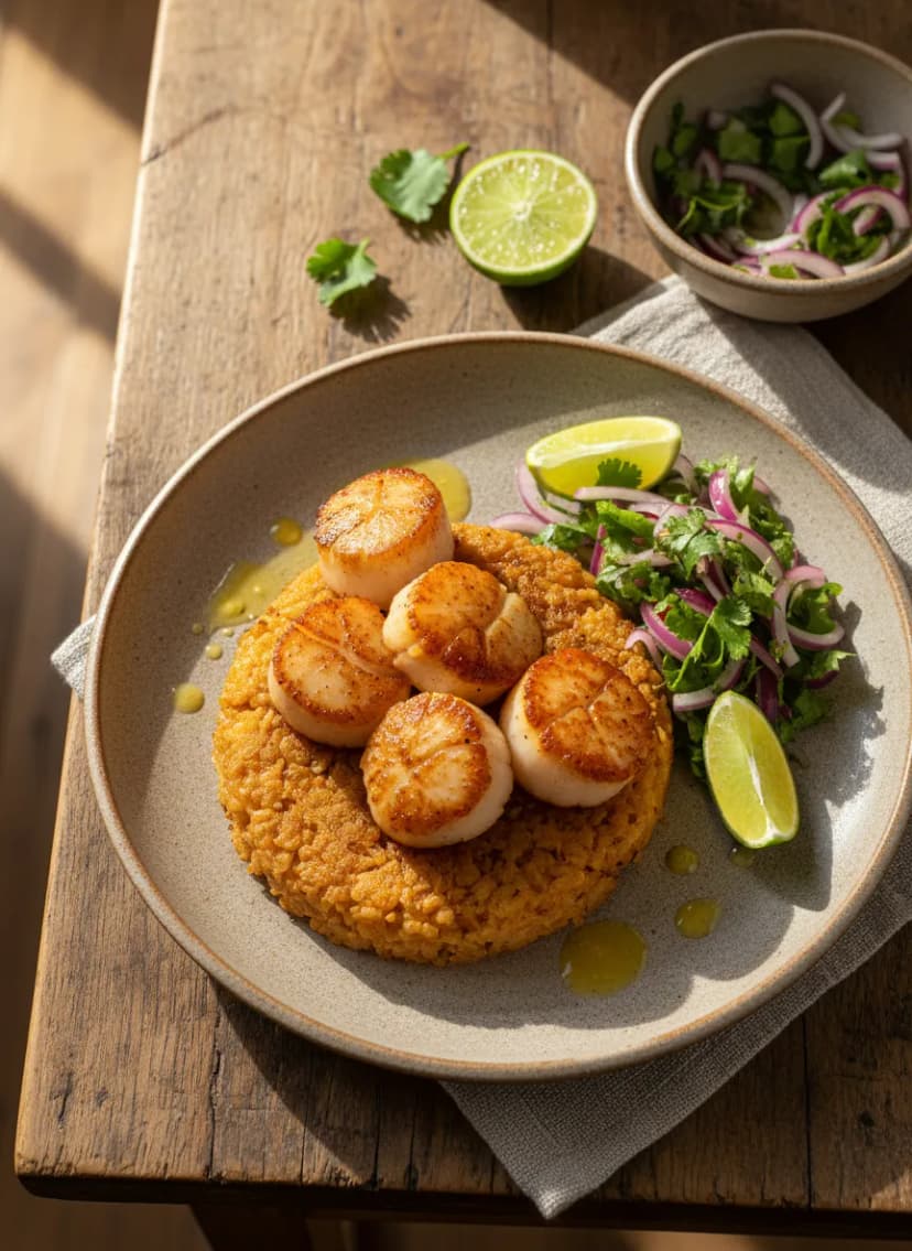 Peruvian Tacu Tacu with Seared Scallops