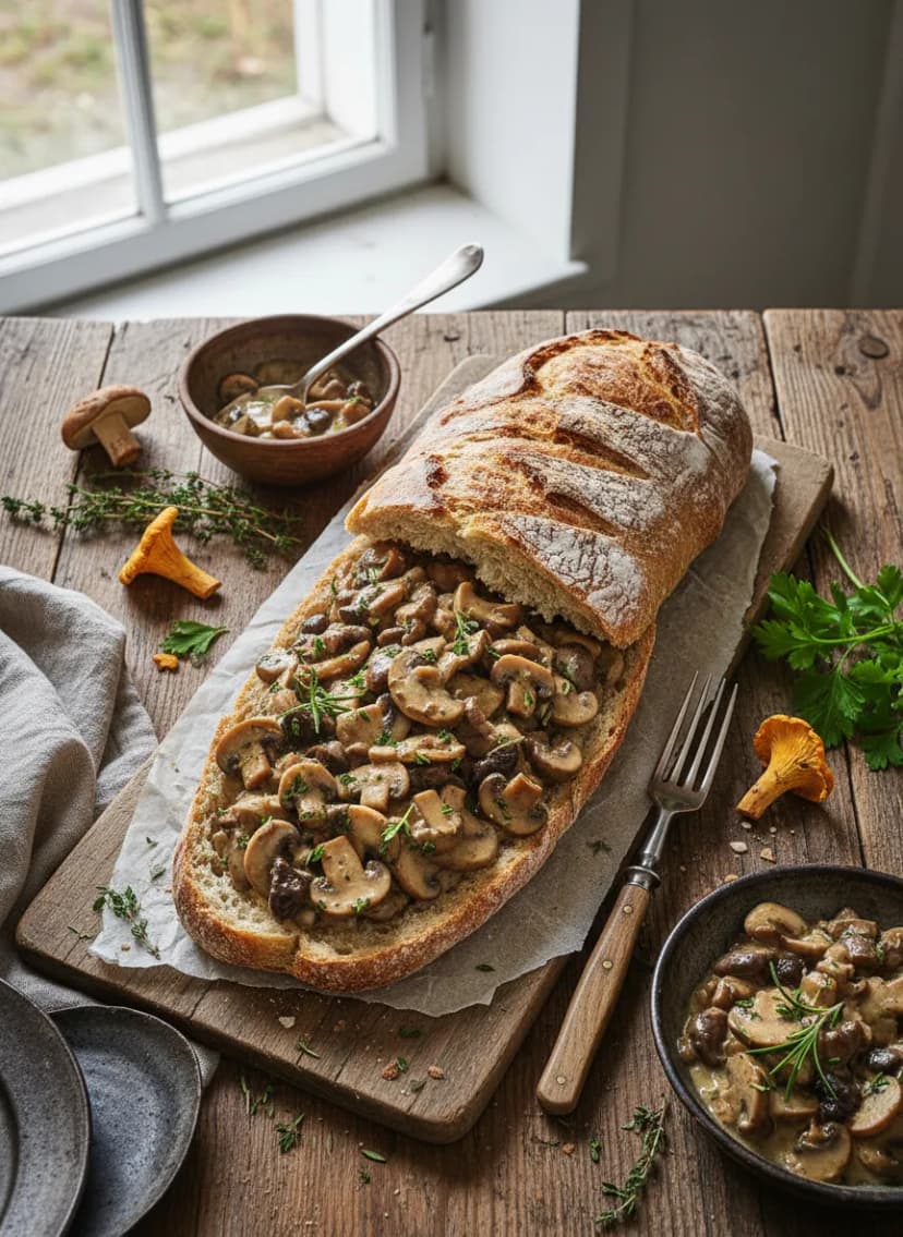 Swiss Chnüppelbrot with Mushroom Ragout