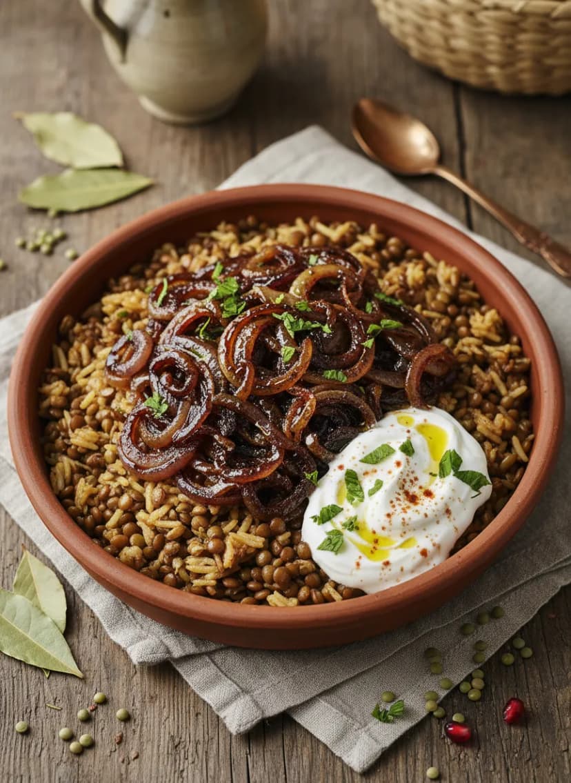 Lebanese Mujadara with Caramelized Onions and Spiced Yogurt