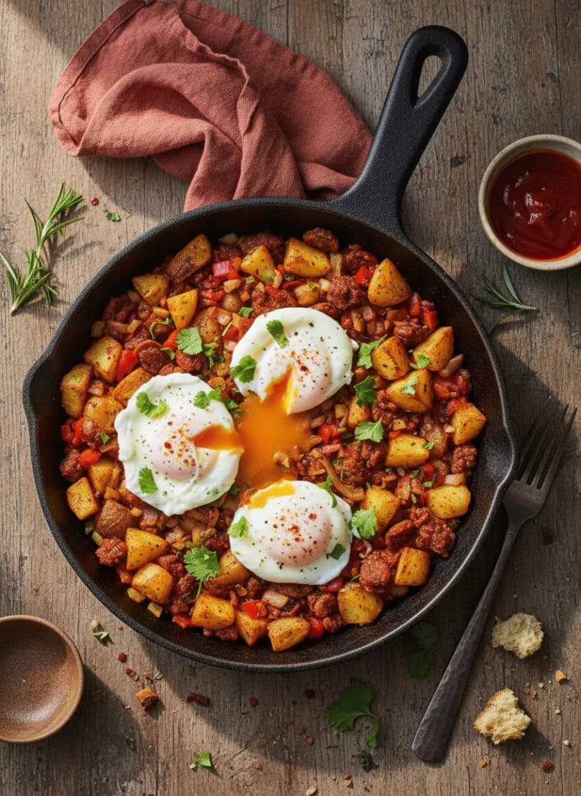 Potato and Chorizo Hash with Poached Eggs