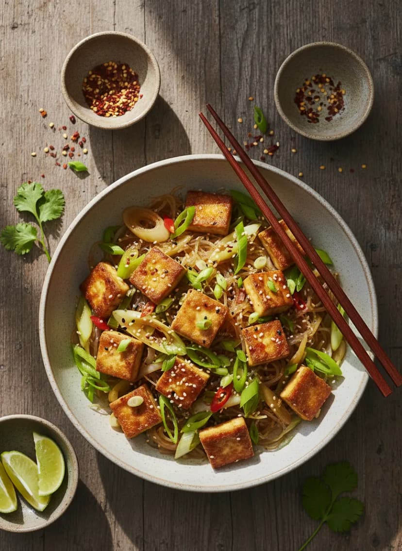 Tofu and Leek Stir-Fry with Glass Noodles