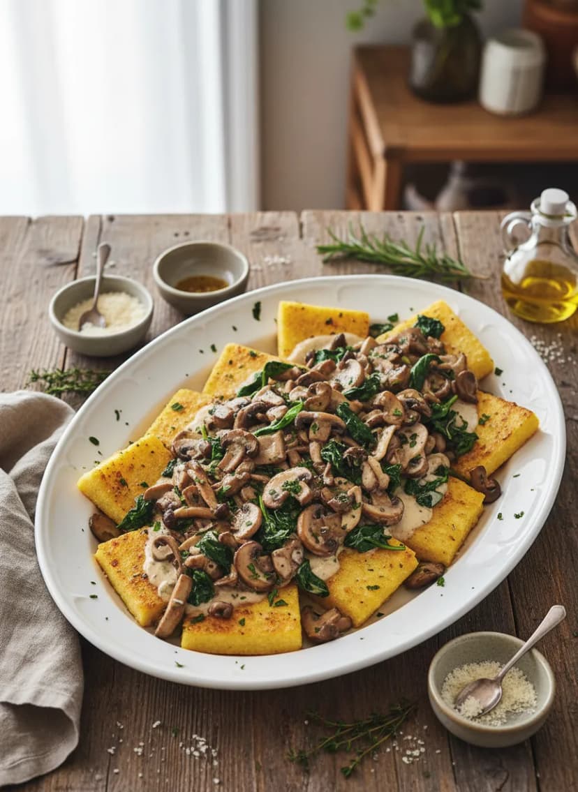 Creamy Mushroom and Spinach Polenta Squares