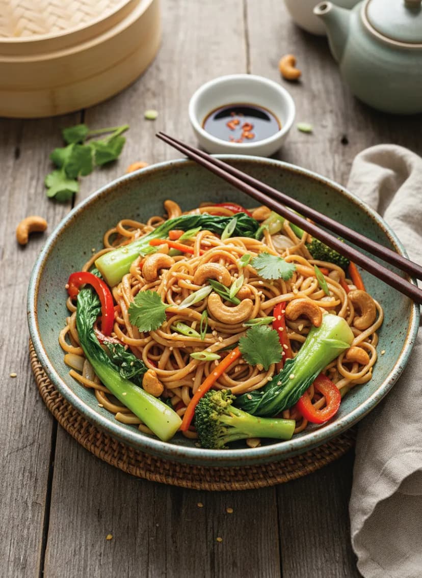 Vegetable Noodle Stir-Fry with Cashew Nut Crunch