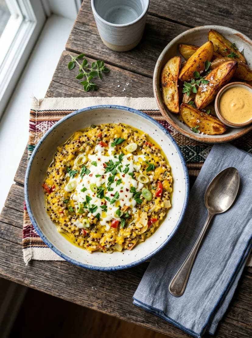Peruvian-Style Cheesy Quinoa Risotto with Crispy Potato Wedges