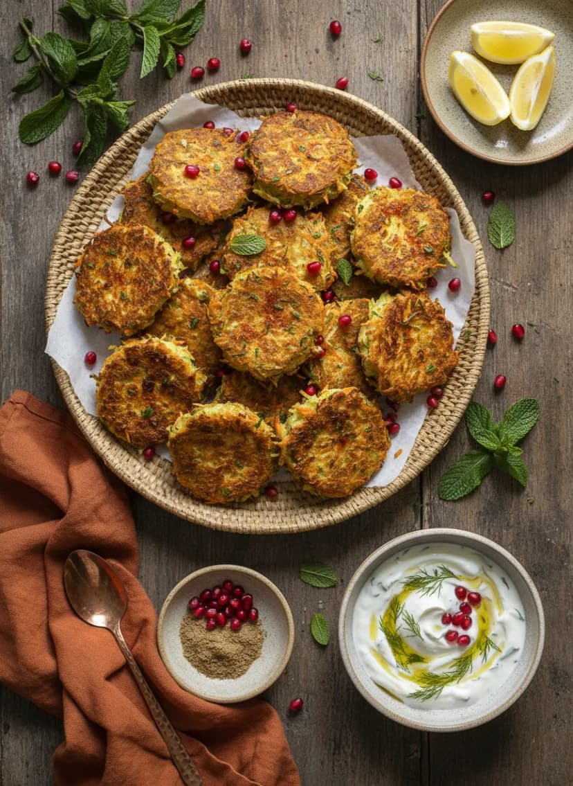 Spiced Carrot and Zucchini Fritters with Garlic Yogurt