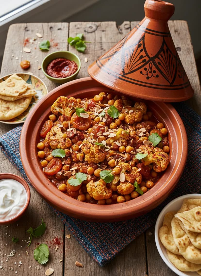 Moroccan Roasted Cauliflower and Chickpea Tagine