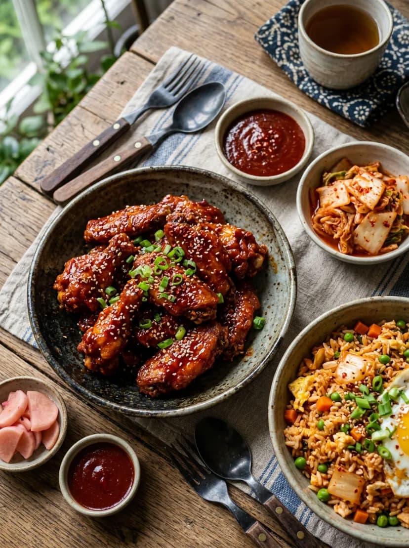 Gochujang Glazed Chicken Wings with Kimchi Fried Rice